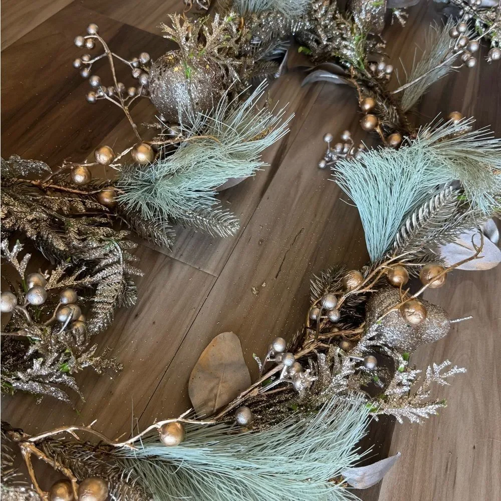 Modern Christmas Holiday Gold & Green Pine Glitter Garland